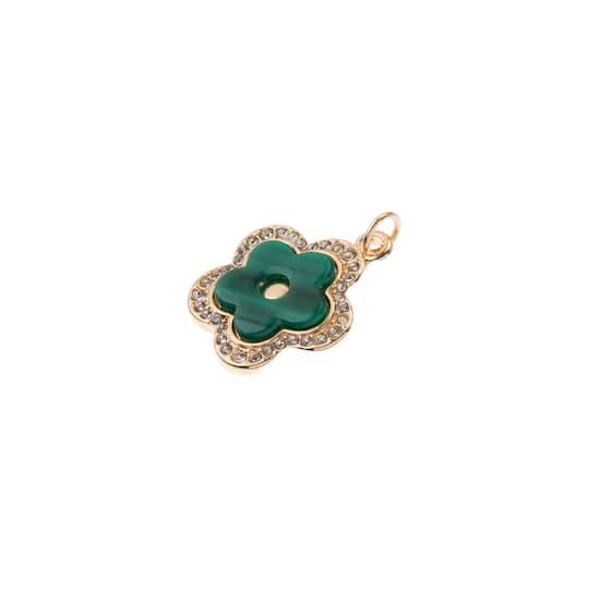 Gold, Green & Rhinestone Metal & Glass Flower Pendant by Bead Landing™